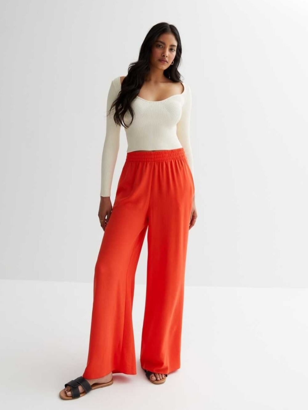 NEW LOOK Wide Leg Palazzo Pants Size US 12 Coral/Orange High Rise Flowy